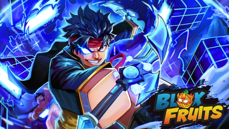 Blox Fruits character with lightning powers in epic battle scene